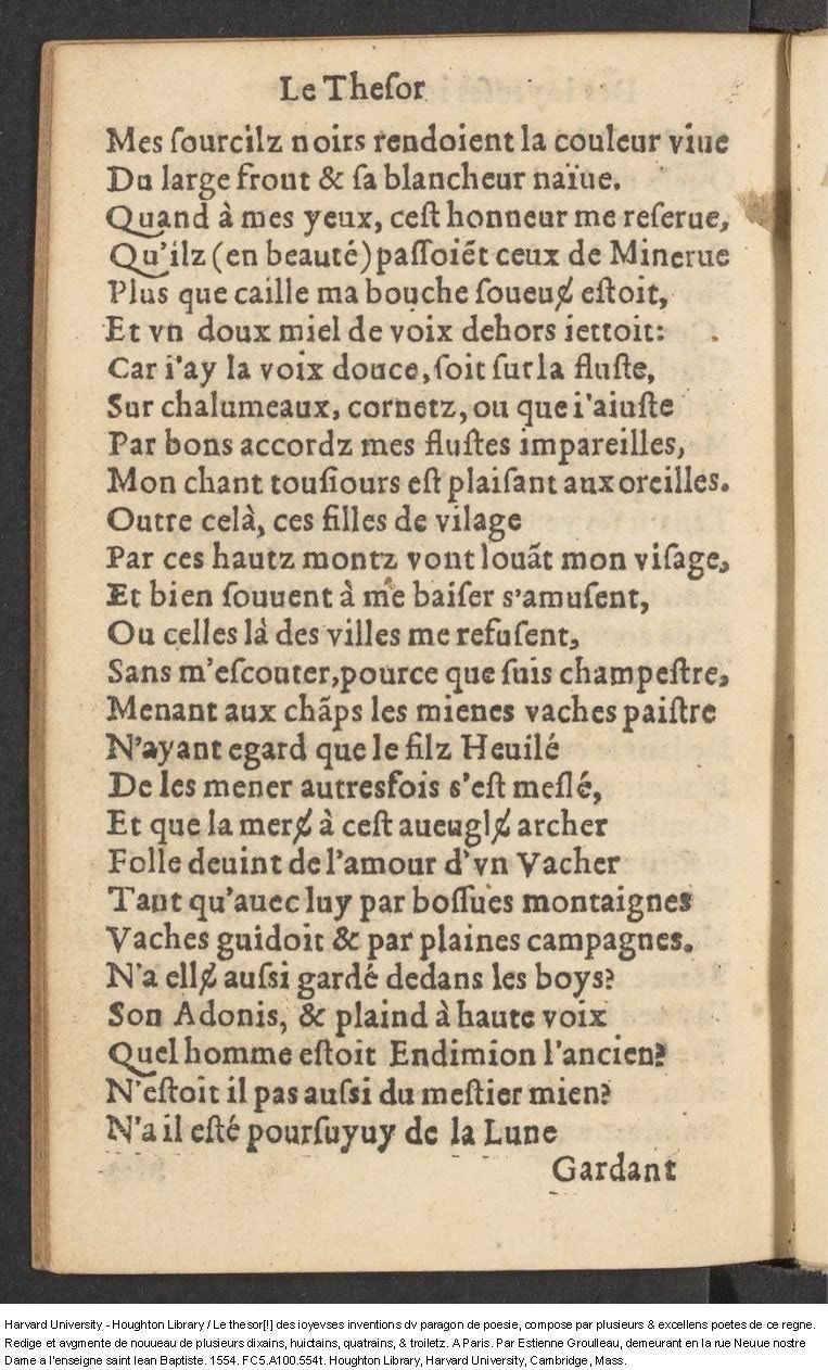 1554 - Étienne Groulleau - Trésor des joyeuses inventions du parangon de poésies - Harvard University