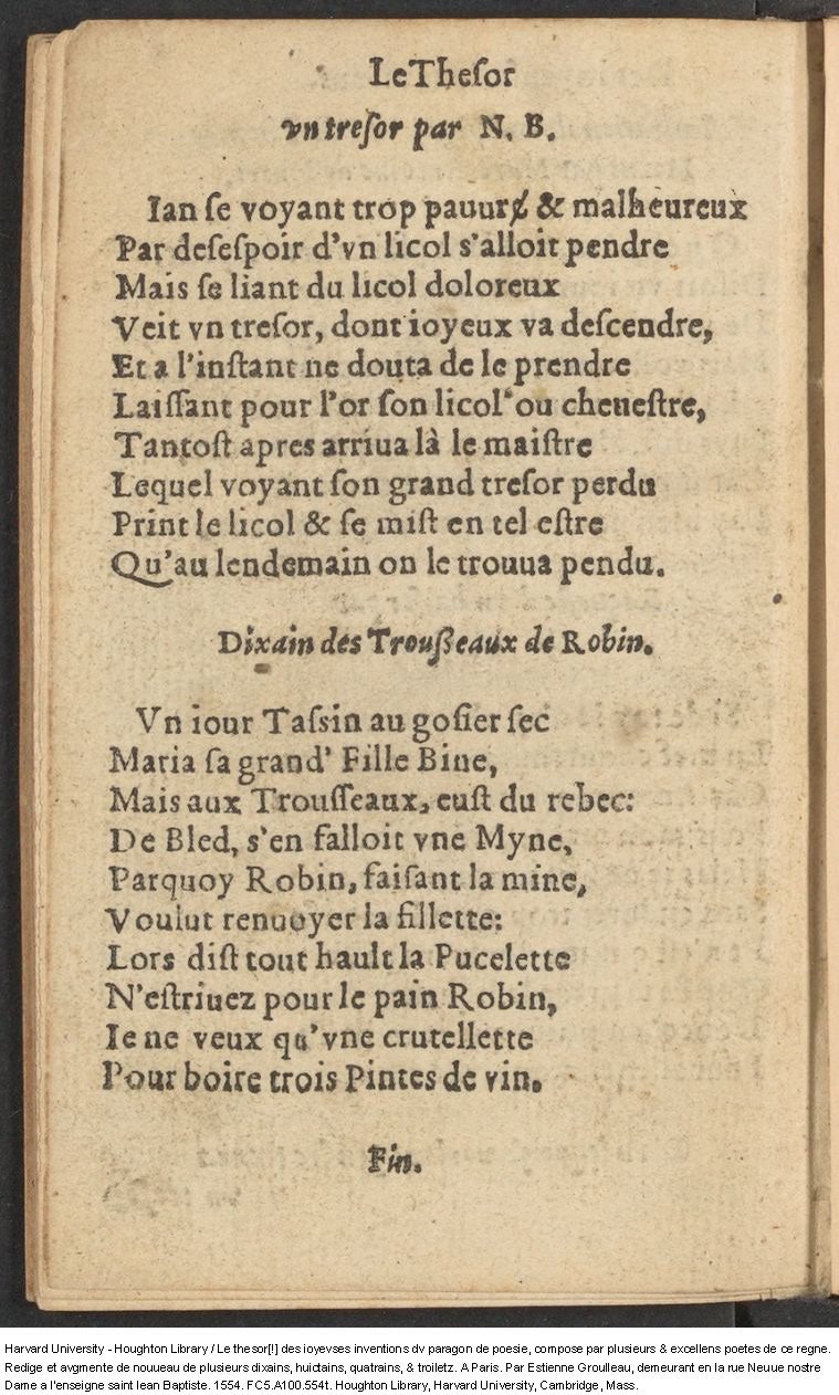 1554 - Étienne Groulleau - Trésor des joyeuses inventions du parangon de poésies - Harvard University
