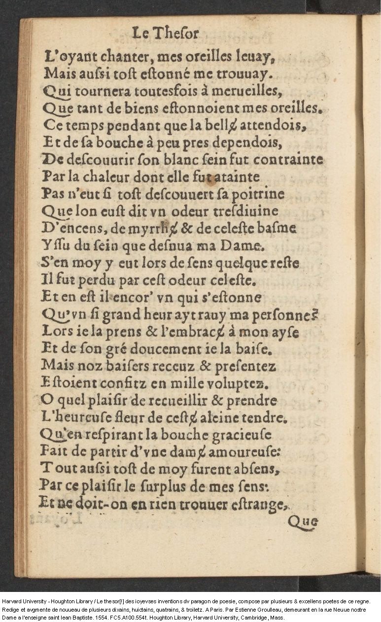 1554 - Étienne Groulleau - Trésor des joyeuses inventions du parangon de poésies - Harvard University