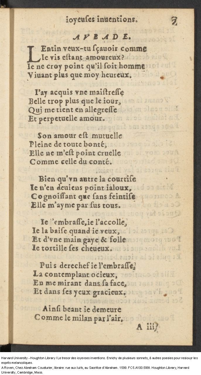 1599 - Abraham Le Cousturier - Trésor des joyeuses inventions du parangon de poésies - Harvard University 1599 - Abraham Le Cousturier - Trésor des joyeuses inventions du parangon de poésies - Harvard University