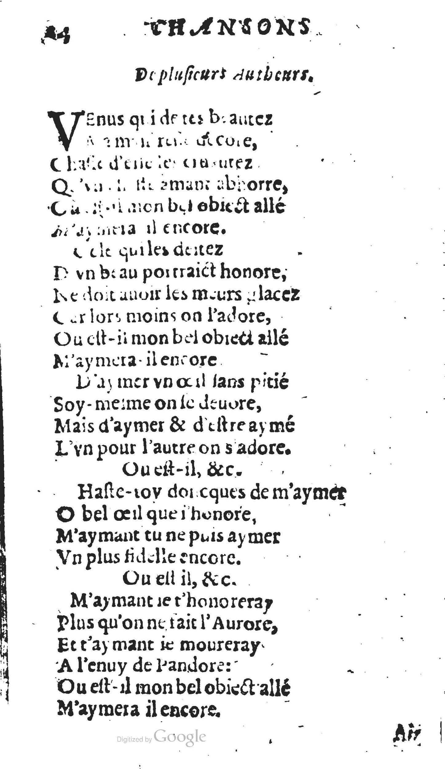 1606 - Théodore Reinsart - Trésor des chansons amoureuses recueillies des plus excellents airs de cour - Livre II - NK ČR Prague