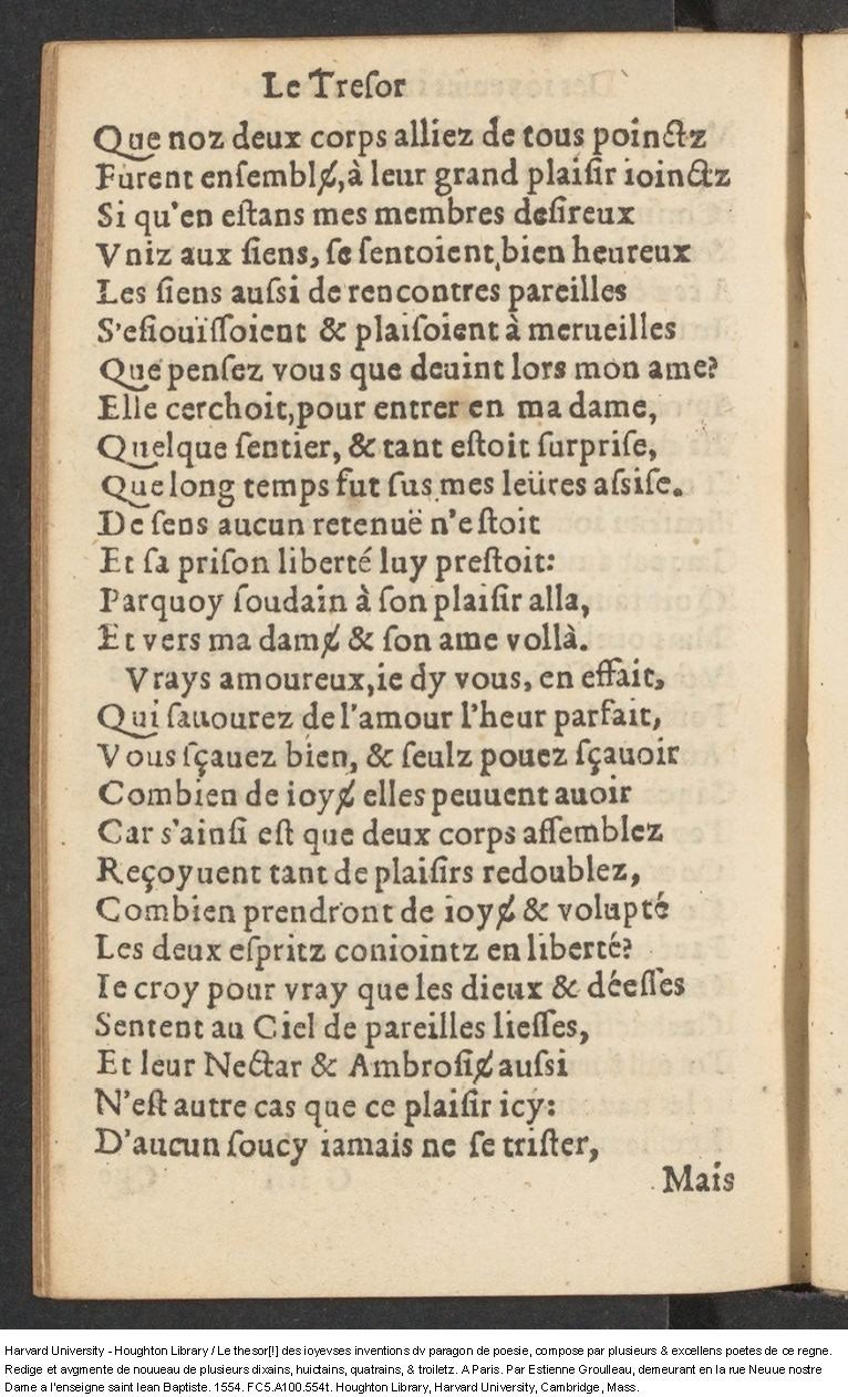 1554 - Étienne Groulleau - Trésor des joyeuses inventions du parangon de poésies - Harvard University