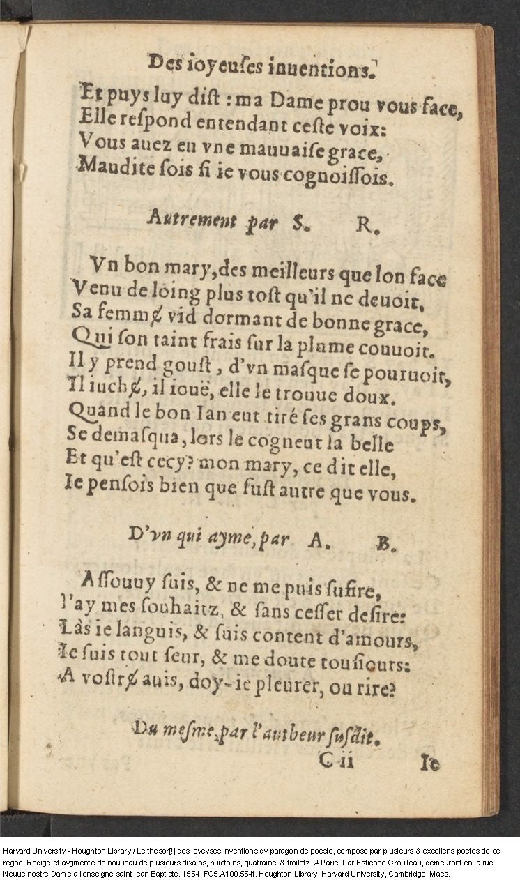 1554 - Étienne Groulleau - Trésor des joyeuses inventions du parangon de poésies - Harvard University