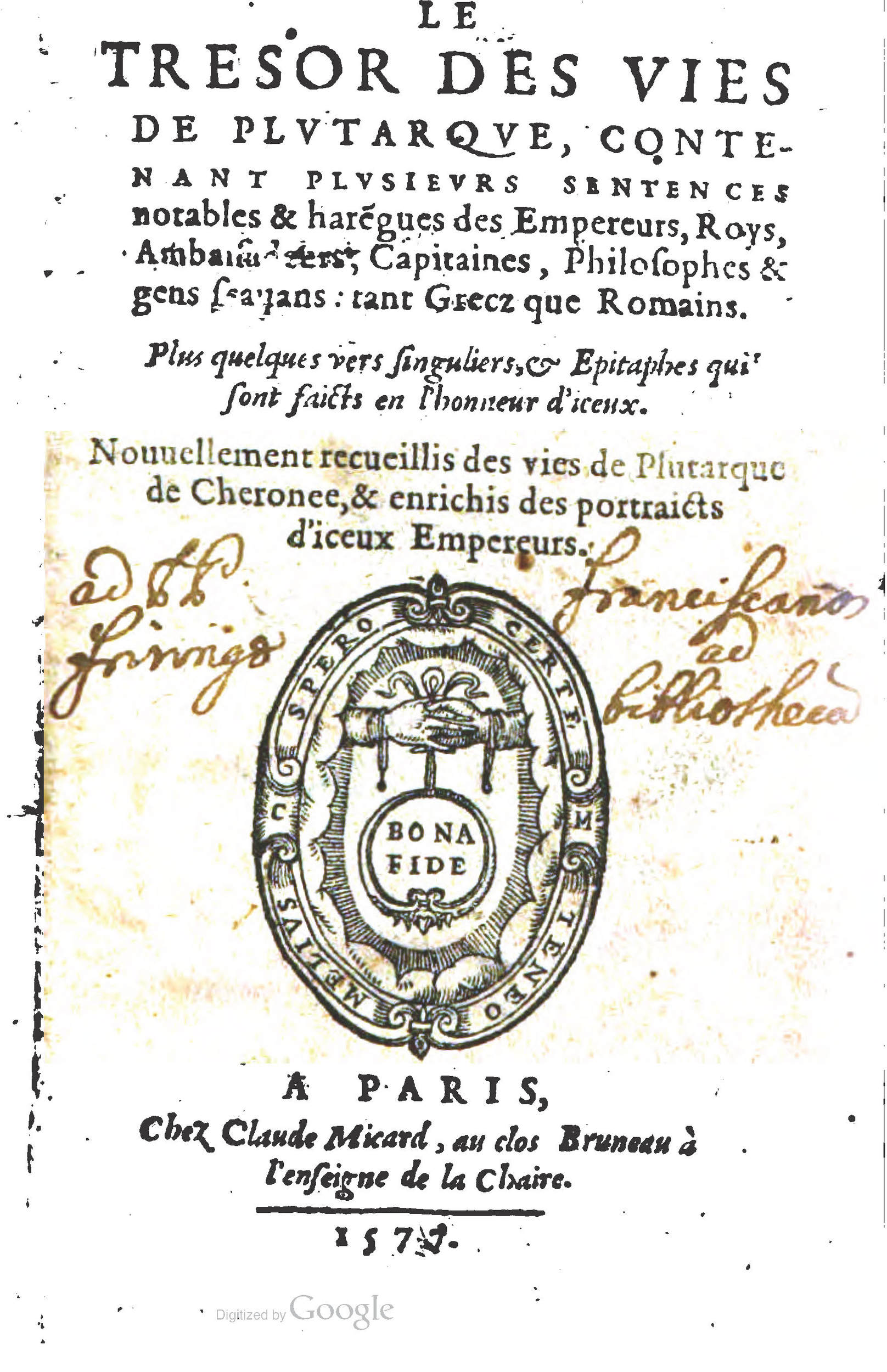 1577 - Claude Micard - Trésor des vies de Plutarque - BSB Munich