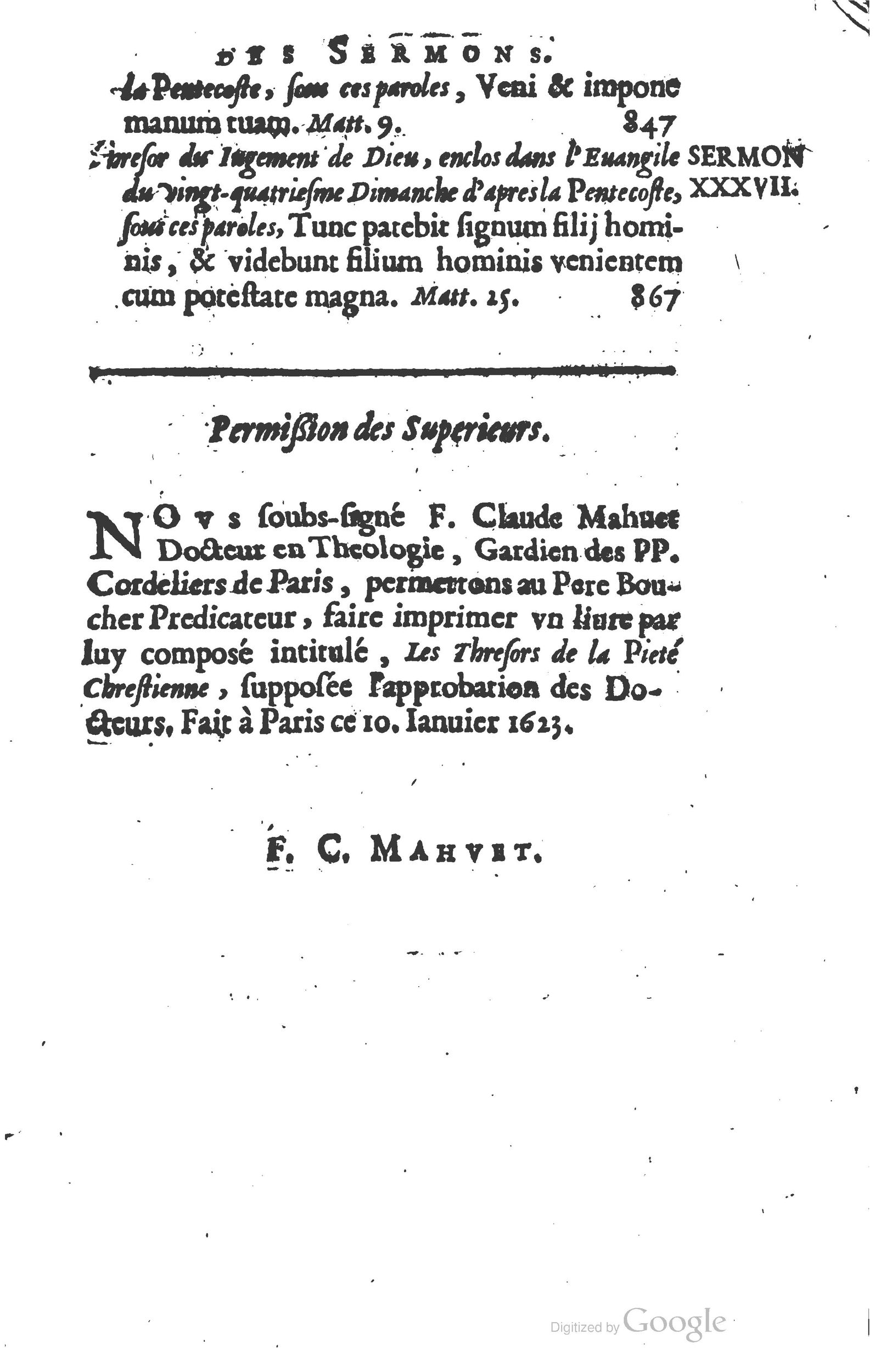 1629 - Manassés de Préaulx - Sermons ou Trésors de la piété chrétienne - BM Lyon
