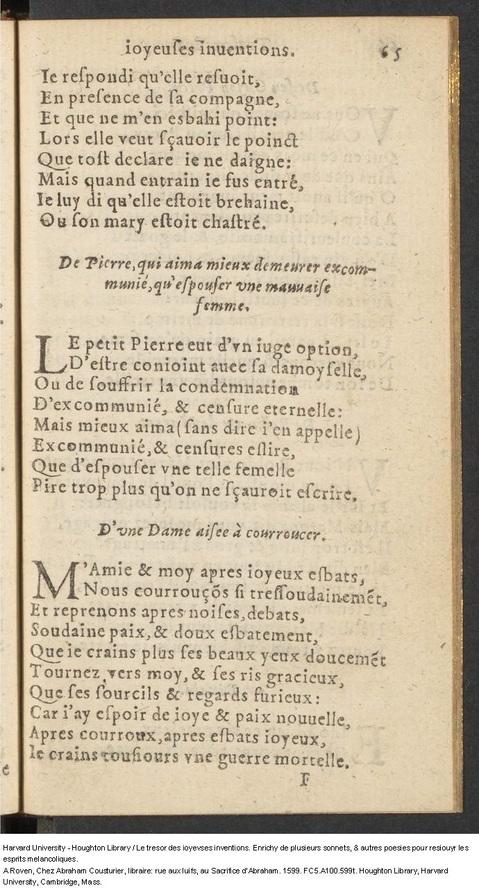 1599 - Abraham Le Cousturier - Trésor des joyeuses inventions du parangon de poésies - Harvard University 1599 - Abraham Le Cousturier - Trésor des joyeuses inventions du parangon de poésies - Harvard University