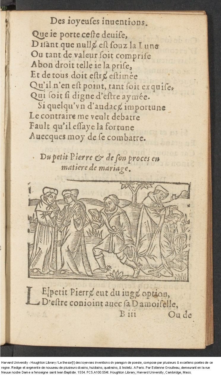 1554 - Étienne Groulleau - Trésor des joyeuses inventions du parangon de poésies - Harvard University