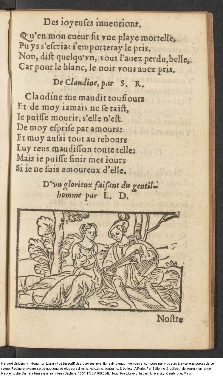 1554 - Étienne Groulleau - Trésor des joyeuses inventions du parangon de poésies - Harvard University