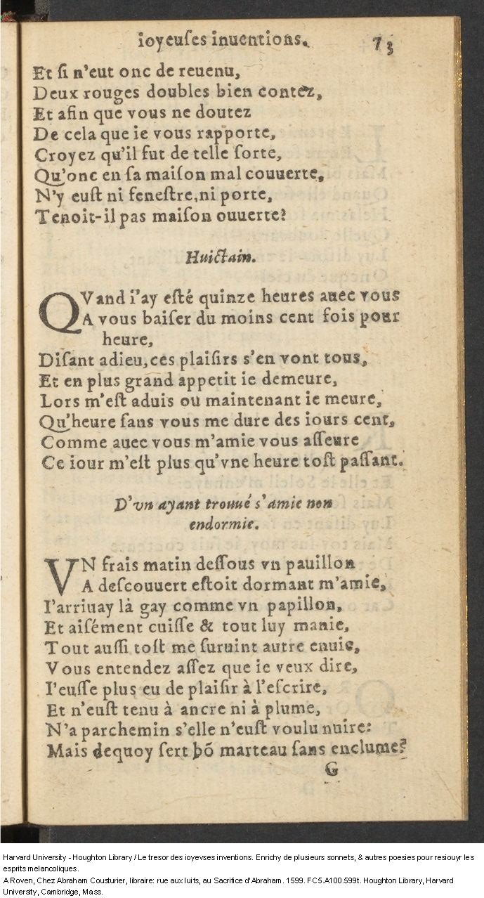 1599 - Abraham Le Cousturier - Trésor des joyeuses inventions du parangon de poésies - Harvard University 1599 - Abraham Le Cousturier - Trésor des joyeuses inventions du parangon de poésies - Harvard University