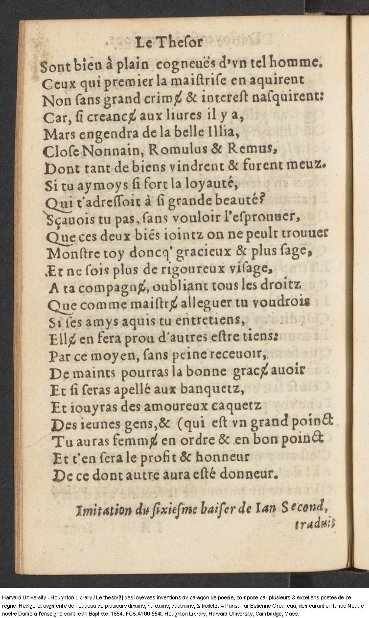 1554 - Étienne Groulleau - Trésor des joyeuses inventions du parangon de poésies - Harvard University