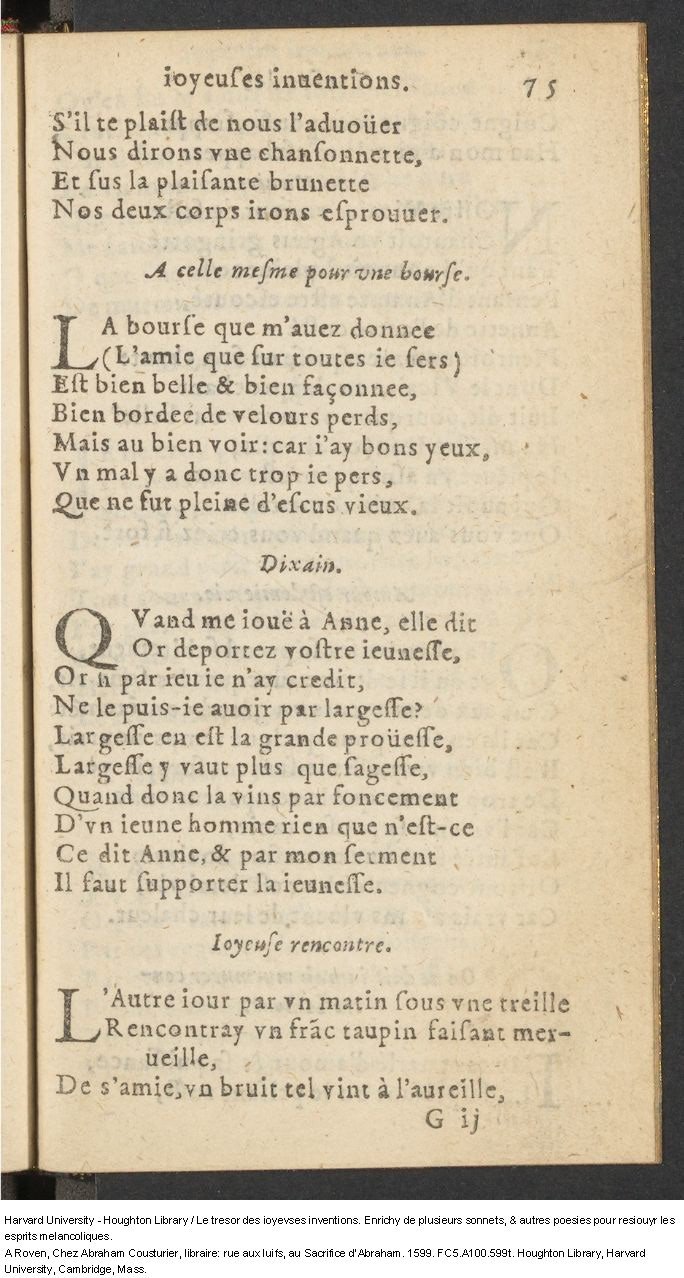 1599 - Abraham Le Cousturier - Trésor des joyeuses inventions du parangon de poésies - Harvard University 1599 - Abraham Le Cousturier - Trésor des joyeuses inventions du parangon de poésies - Harvard University
