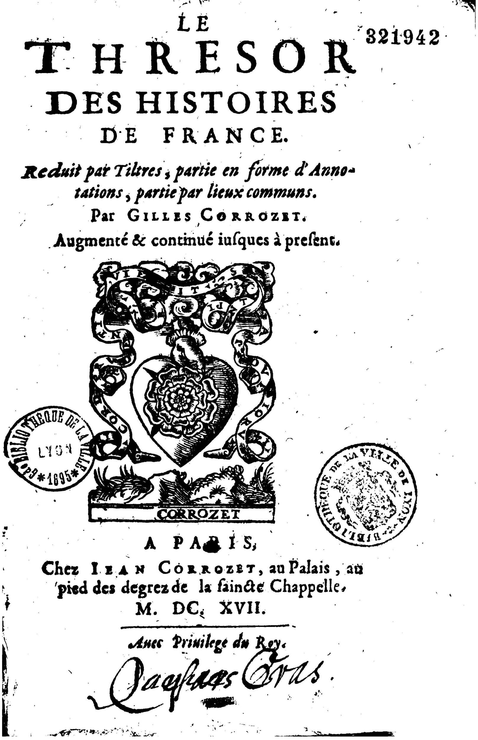 1617 - Jean Corrozet - Trésor des histoires de France - BM Lyon
