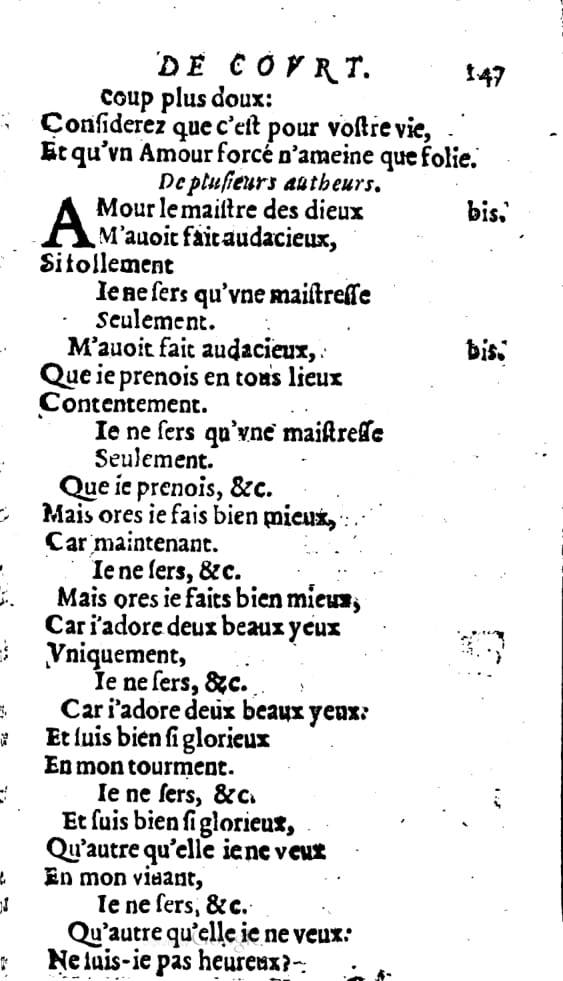 1606 - Théodore Reinsart - Trésor des chansons amoureuses recueillies des plus excellents airs de cour - Livre I - NK ČR Prague