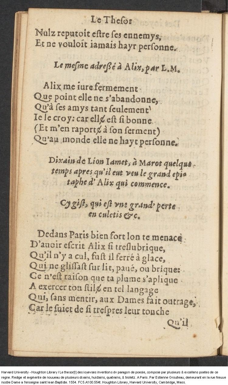 1554 - Étienne Groulleau - Trésor des joyeuses inventions du parangon de poésies - Harvard University