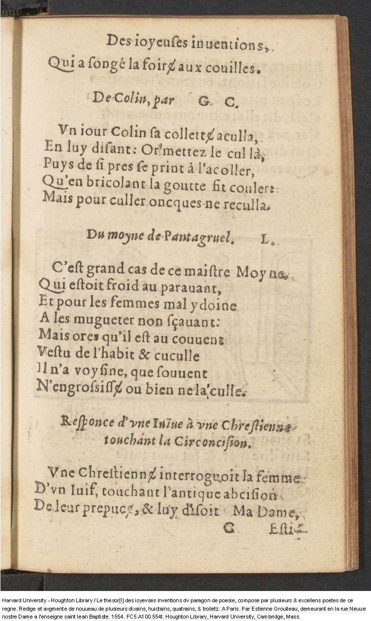 1554 - Étienne Groulleau - Trésor des joyeuses inventions du parangon de poésies - Harvard University