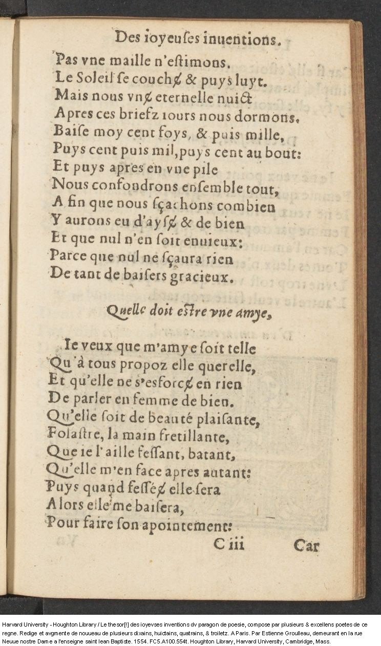 1554 - Étienne Groulleau - Trésor des joyeuses inventions du parangon de poésies - Harvard University