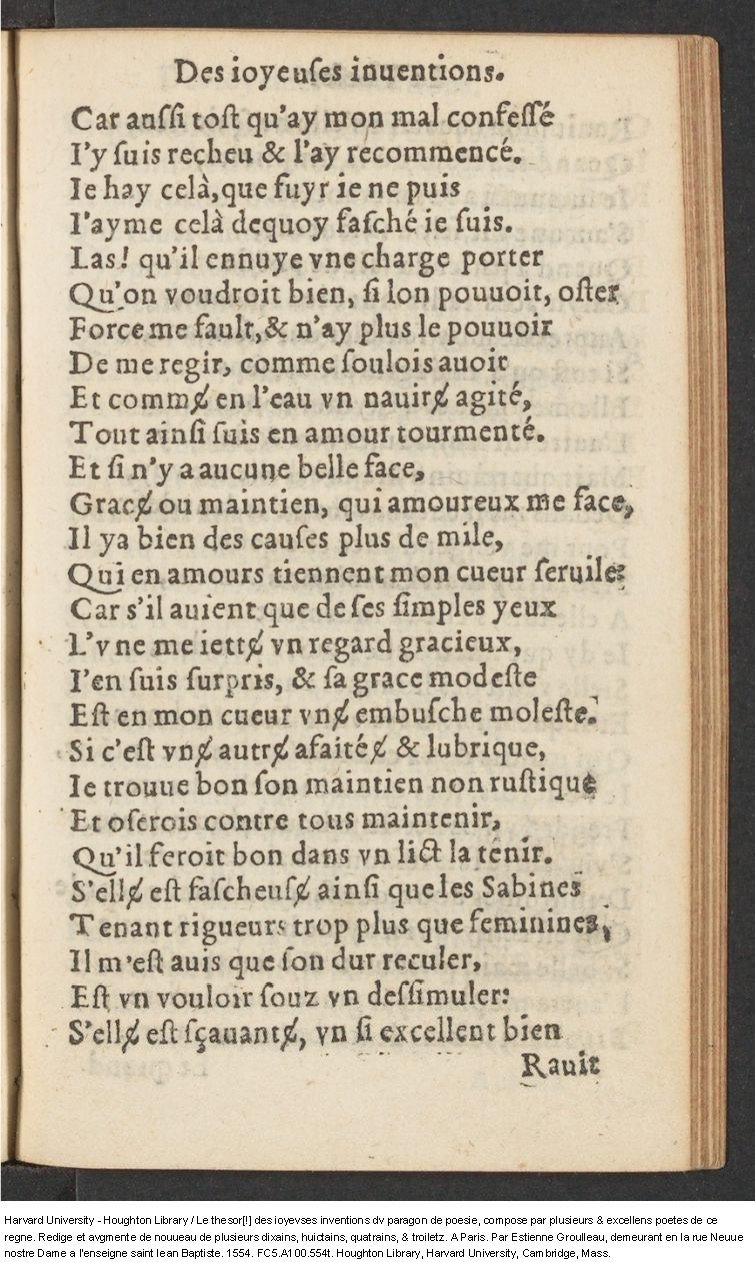 1554 - Étienne Groulleau - Trésor des joyeuses inventions du parangon de poésies - Harvard University