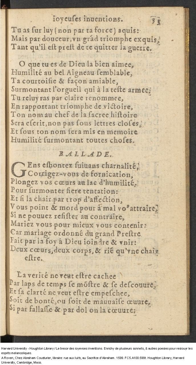 1599 - Abraham Le Cousturier - Trésor des joyeuses inventions du parangon de poésies - Harvard University 1599 - Abraham Le Cousturier - Trésor des joyeuses inventions du parangon de poésies - Harvard University