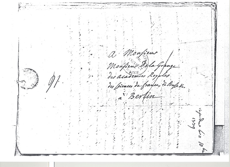 Lettre de D'Alembert à Lagrange, 10 septembre 1779 Lettre de D'Alembert à Lagrange, 10 septembre 1779