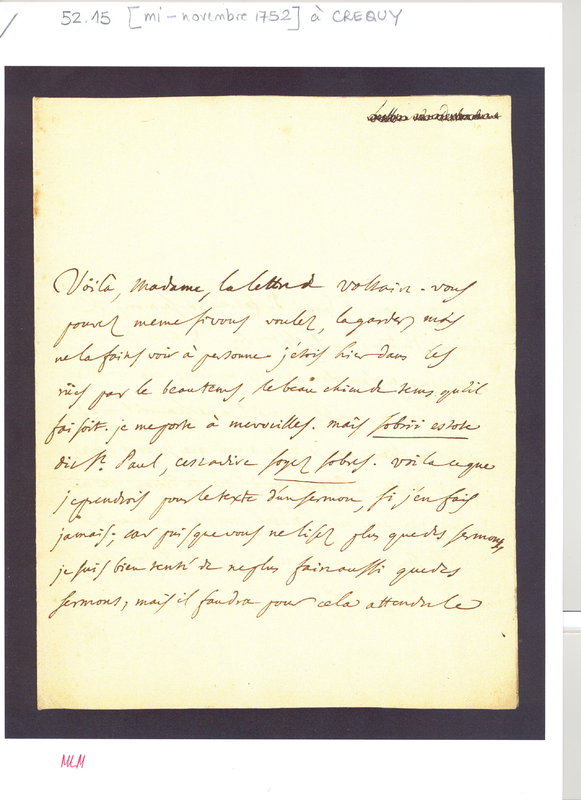 Lettre de D'Alembert à Mme de Crequÿ (Froullay), 15 novembre 1752 Lettre de D'Alembert à Mme de Crequÿ (Froullay), 15 novembre 1752
