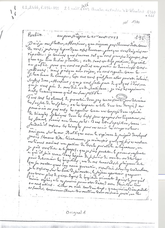Lettre de Roubin à D'Alembert, 21 août 1773 Lettre de Roubin à D'Alembert, 21 août 1773
