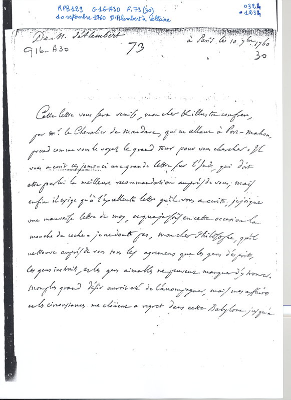 Lettre de D'Alembert à Voltaire, 10 septembre 1760 Lettre de D'Alembert à Voltaire, 10 septembre 1760