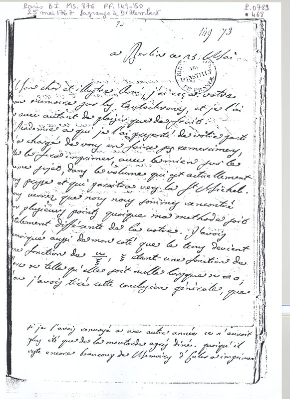 Lettre de Lagrange à D'Alembert, 25 mai 1767 Lettre de Lagrange à D'Alembert, 25 mai 1767