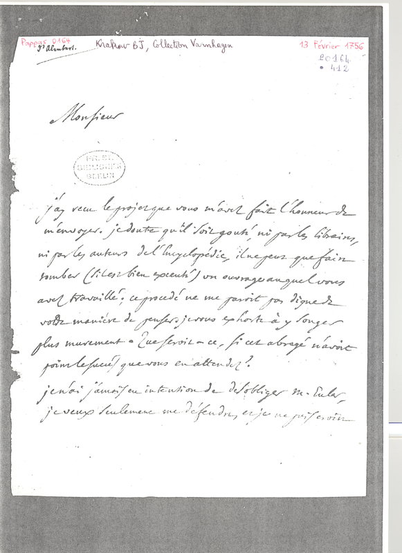 Lettre de D'Alembert à Formey, 13 février 1756 Lettre de D'Alembert à Formey, 13 février 1756