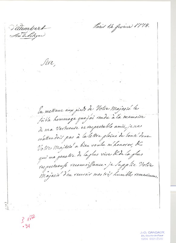 Lettre de D'Alembert à Stanislas II, 14 février 1778 Lettre de D'Alembert à Stanislas II, 14 février 1778