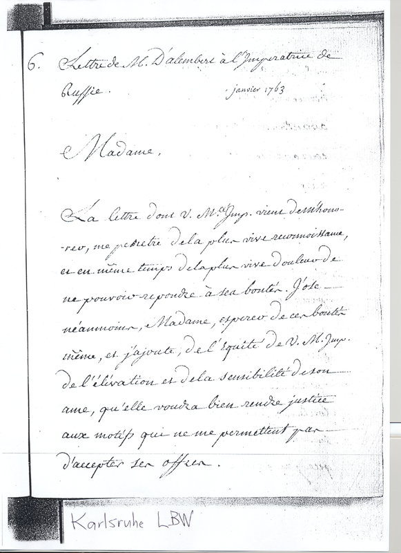 Lettre de D'Alembert à Catherine II, 10 janvier 1763 Lettre de D'Alembert à Catherine II, 10 janvier 1763