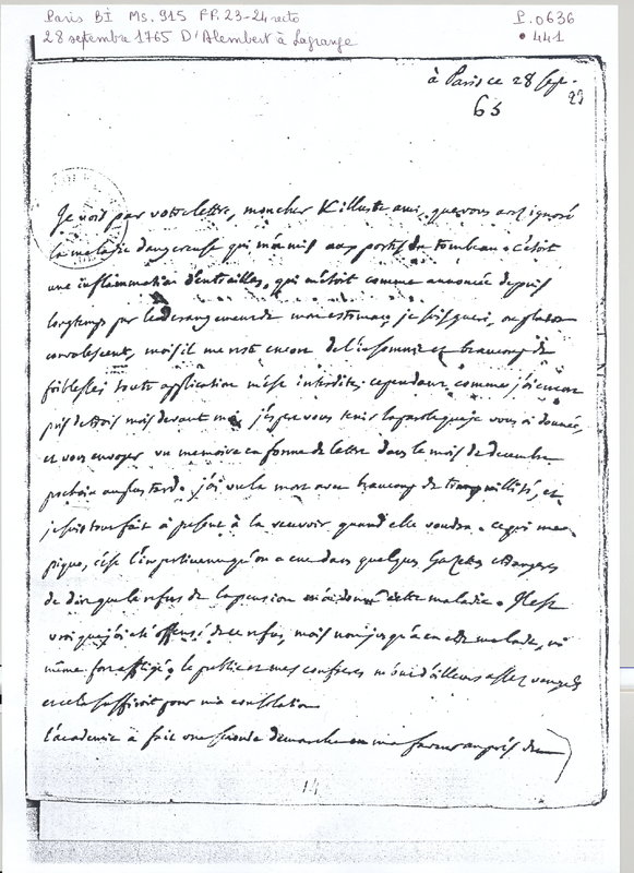 Lettre de D'Alembert à Lagrange, 28 septembre 1765 Lettre de D'Alembert à Lagrange, 28 septembre 1765