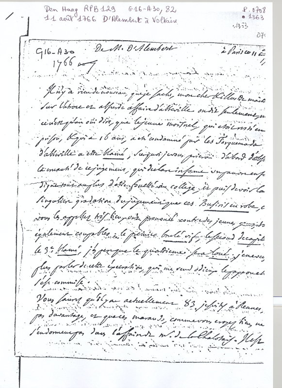 Lettre de D'Alembert à Voltaire, 11 août 1766 Lettre de D'Alembert à Voltaire, 11 août 1766