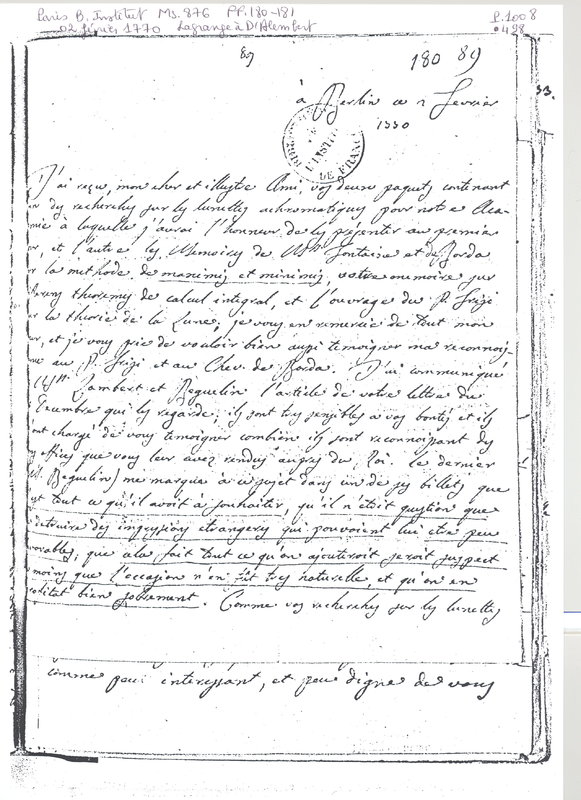 Lettre de Lagrange à D'Alembert, 2 février 1770 Lettre de Lagrange à D'Alembert, 2 février 1770