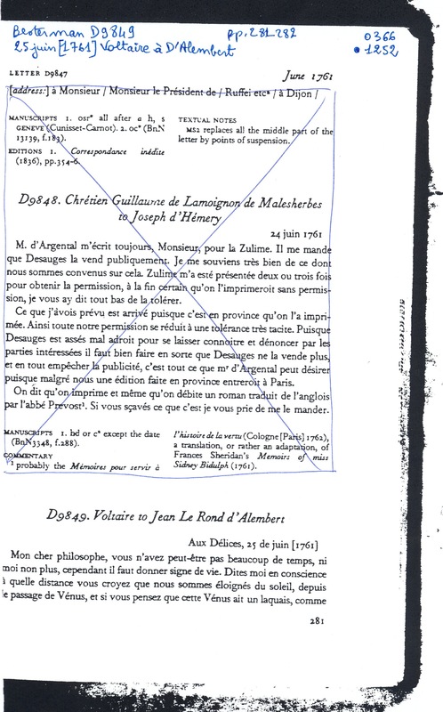 Lettre de Voltaire à D'Alembert, 25 juin 1761 Lettre de Voltaire à D'Alembert, 25 juin 1761