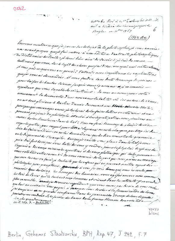 Lettre de Frédéric II à D'Alembert, octobre 1764