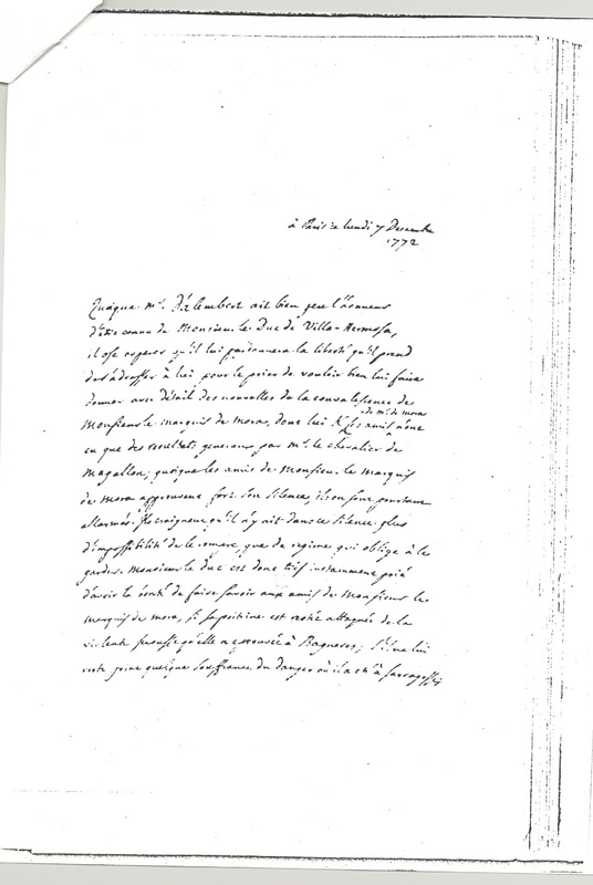 Lettre de D'Alembert à Villahermosa, 7 décembre 1772 Lettre de D'Alembert à Villahermosa, 7 décembre 1772