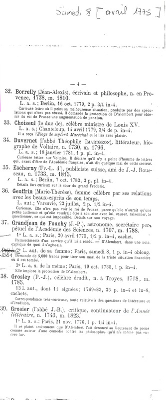 Lettre de Mme Grandjean de Fouchy (Desportes) à D'Alembert, 8 avril 1775 Lettre de Mme Grandjean de Fouchy (Desportes) à D'Alembert, 8 avril 1775