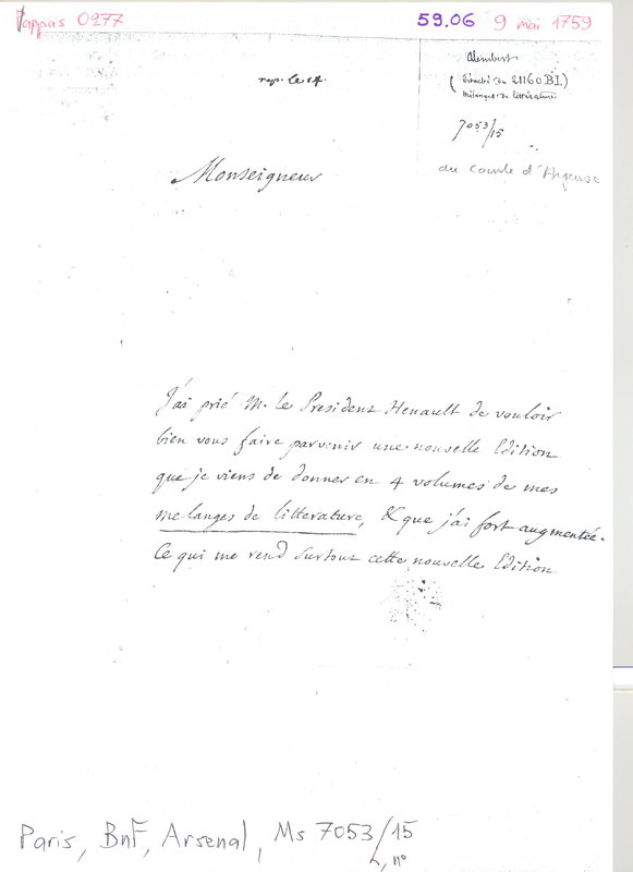 Lettre de D'Alembert à Argenson Marc Pierre, 9 mai 1759 Lettre de D'Alembert à Argenson Marc Pierre, 9 mai 1759