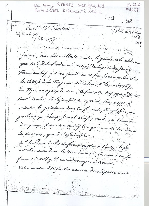 Lettre de D'Alembert à Voltaire, 26 mai 1768 Lettre de D'Alembert à Voltaire, 26 mai 1768