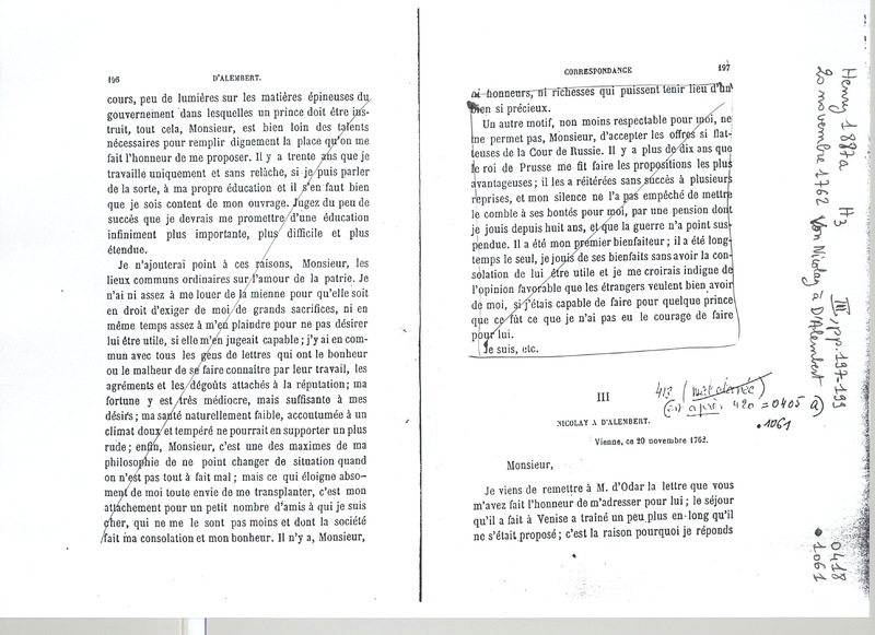 Lettre de Nicolay à D'Alembert, 20 novembre 1762 Lettre de Nicolay à D'Alembert, 20 novembre 1762