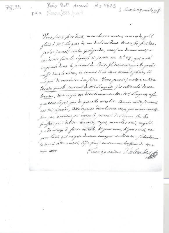 Lettre de D'Alembert à Rousseau Pierre, 23 avril 1778