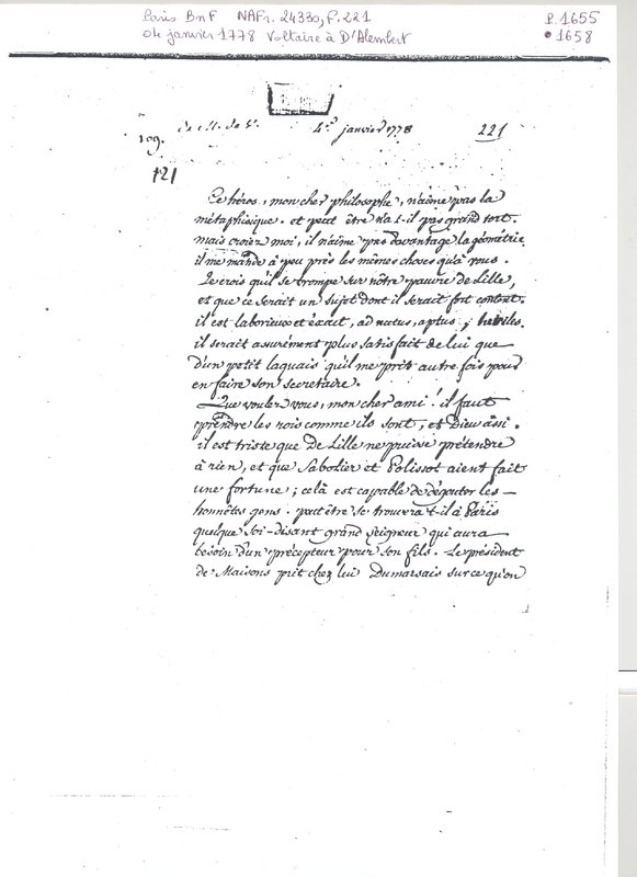 Lettre de Voltaire à D'Alembert, 4 janvier 1778