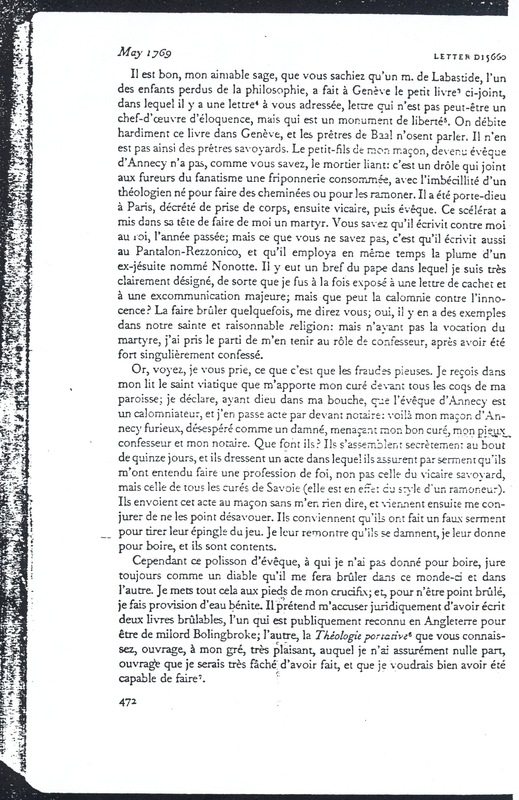Lettre de Voltaire à D'Alembert, 24 mai 1769