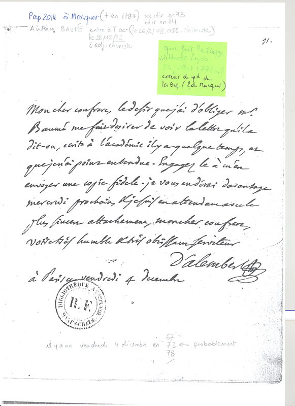 Lettre de D'Alembert à Macquer, 4 décembre 1772 Lettre de D'Alembert à Macquer, 4 décembre 1772