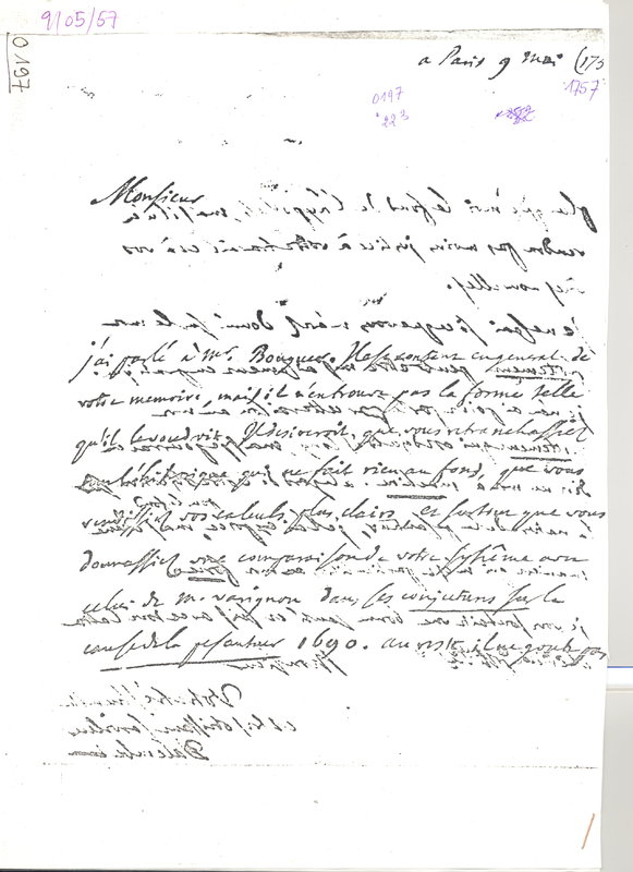 Lettre de D'Alembert à Lesage Georges Louis, 9 mai 1757 Lettre de D'Alembert à Lesage Georges Louis, 9 mai 1757