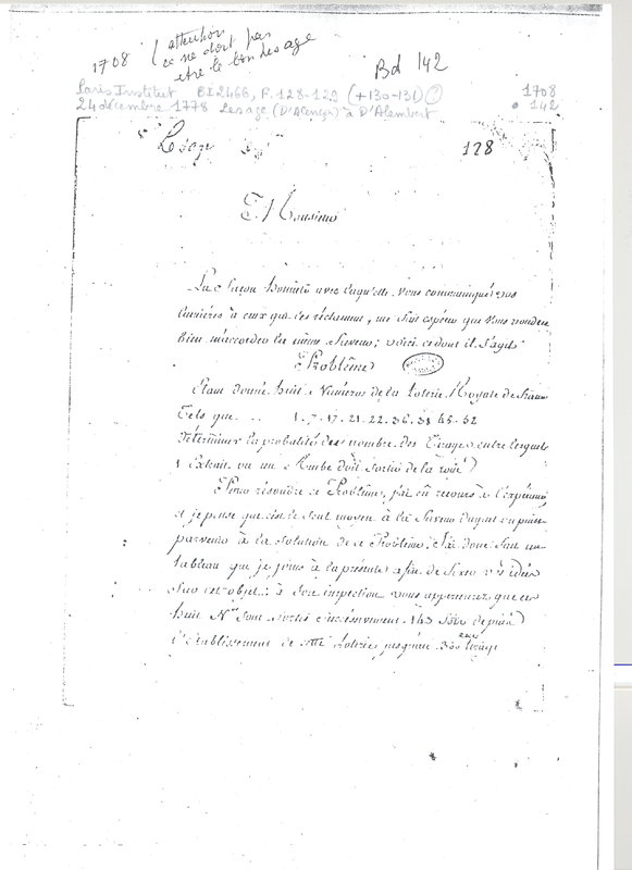 Lettre de Le Sage Guillaume à D'Alembert, 24 décembre 1778 Lettre de Le Sage Guillaume à D'Alembert, 24 décembre 1778