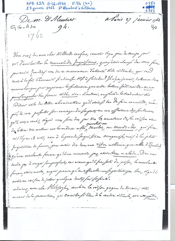 Lettre de D'Alembert à Voltaire, 27 janvier 1762 Lettre de D'Alembert à Voltaire, 27 janvier 1762