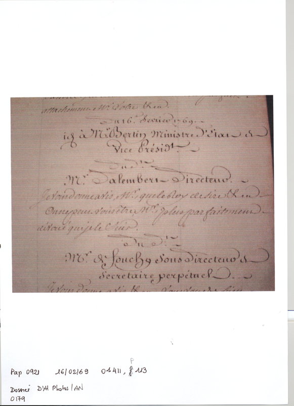 Lettre de Saint Florentin à D'Alembert, 16 février 1769 Lettre de Saint Florentin à D'Alembert, 16 février 1769