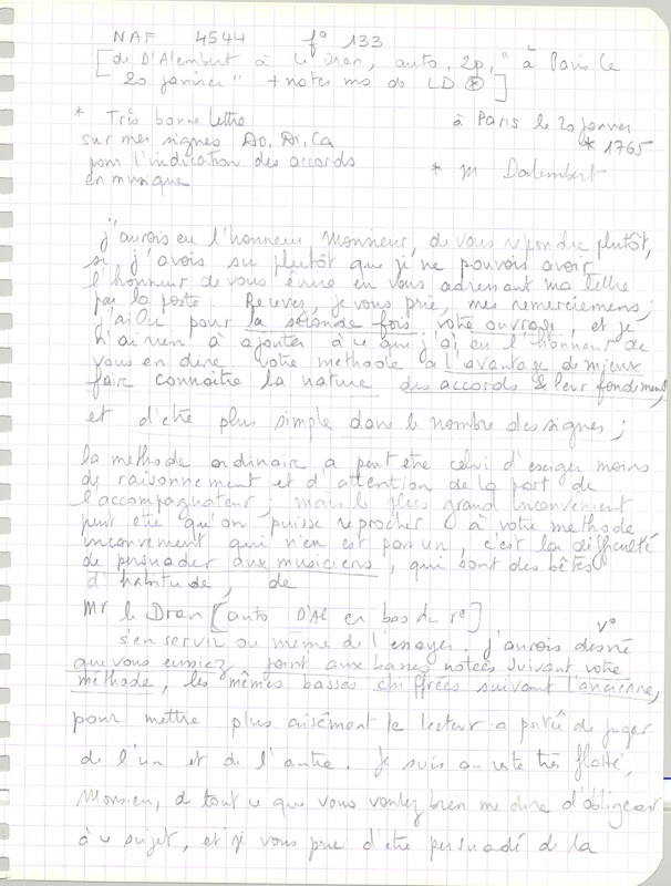 Lettre de D'Alembert à Le Dran, 20 janvier 1765 Lettre de D'Alembert à Le Dran, 20 janvier 1765