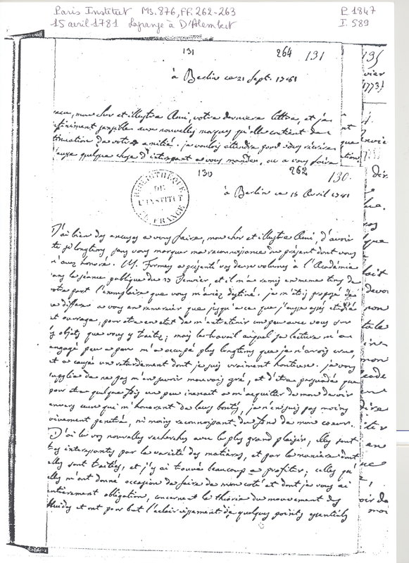 Lettre de Lagrange à D'Alembert, 15 avril 1781 Lettre de Lagrange à D'Alembert, 15 avril 1781